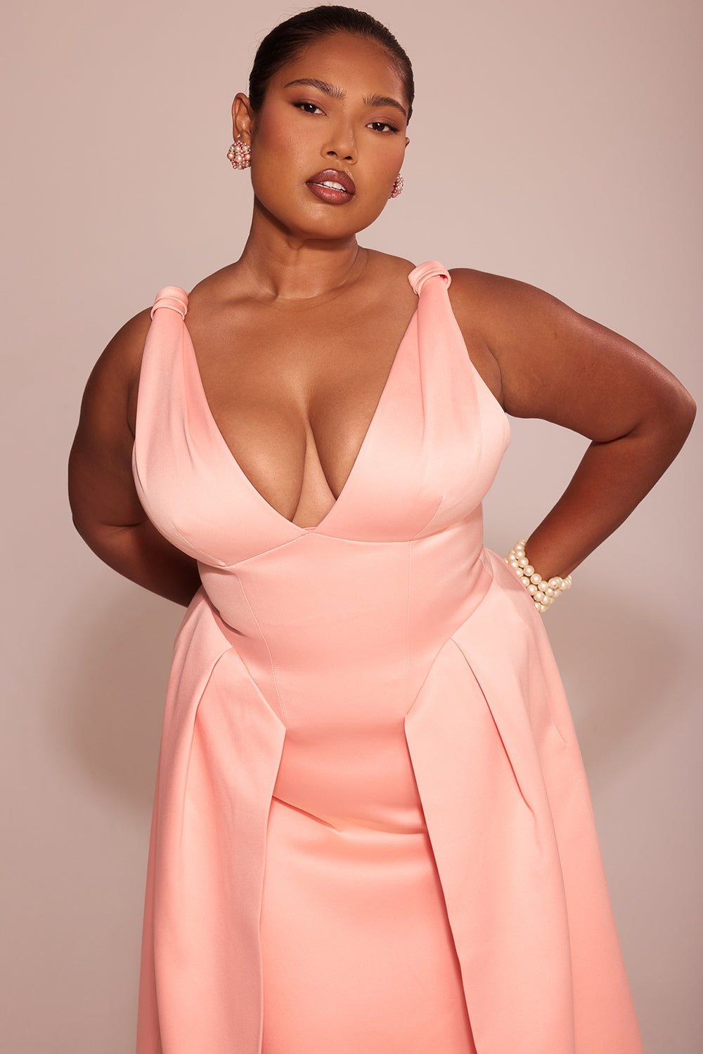 peach satin pleated midi dress - sale