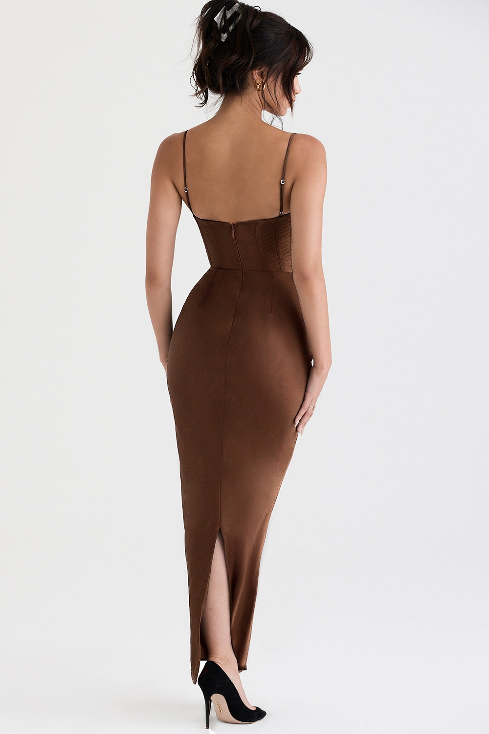 chocolate corset maxi dress