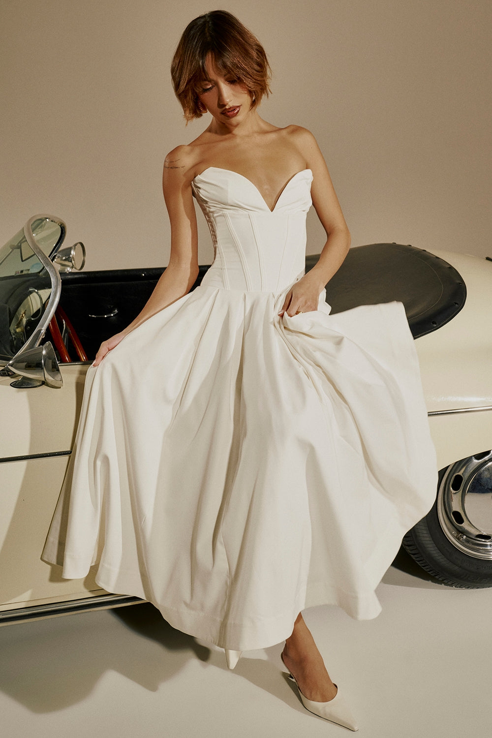white strapless midi dress