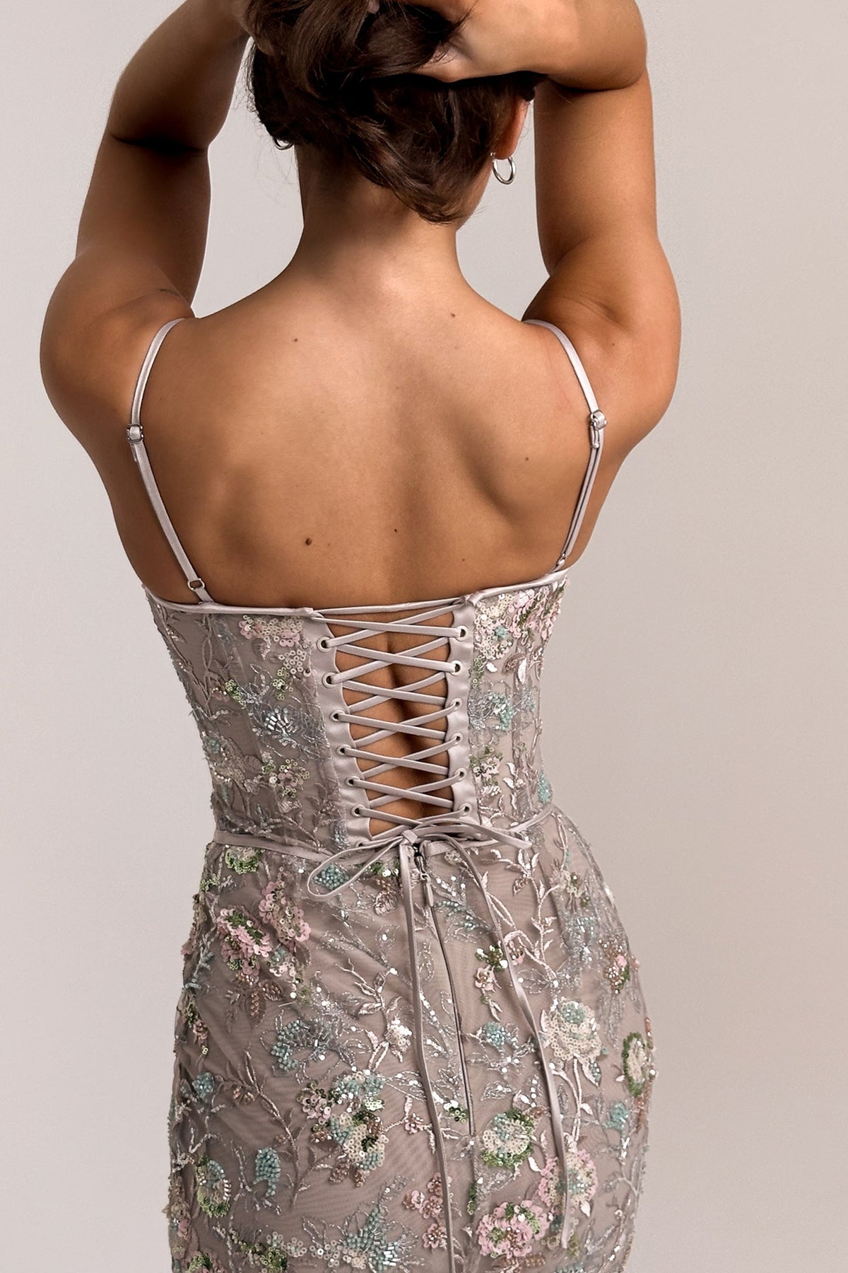 silver embellished beaded corset maxi dress
