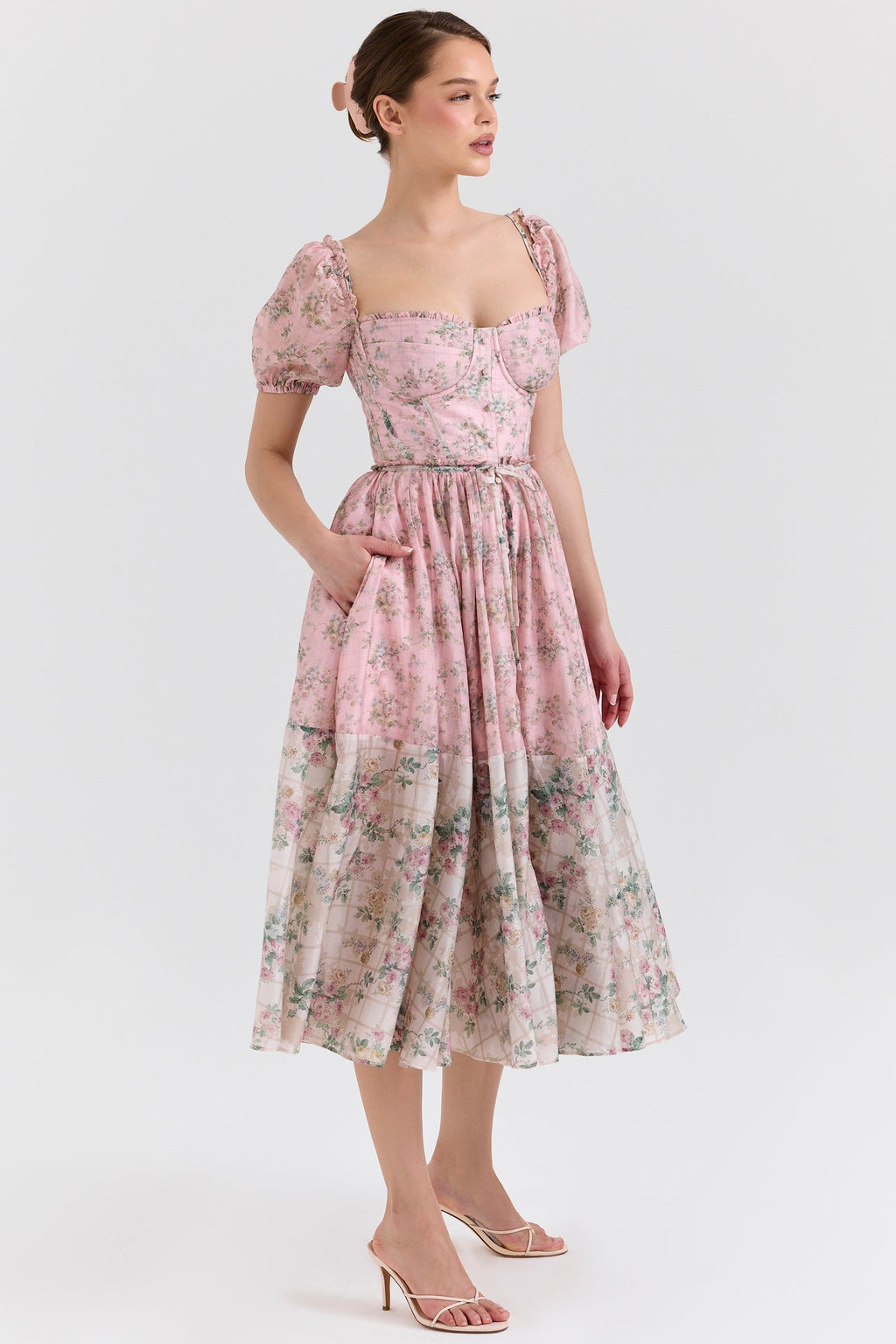 pink floral chiffon midi dress