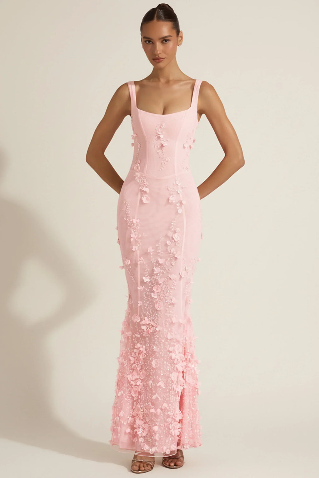 Embellished Appliqué Soft-Scoop Corset Gown in Pink