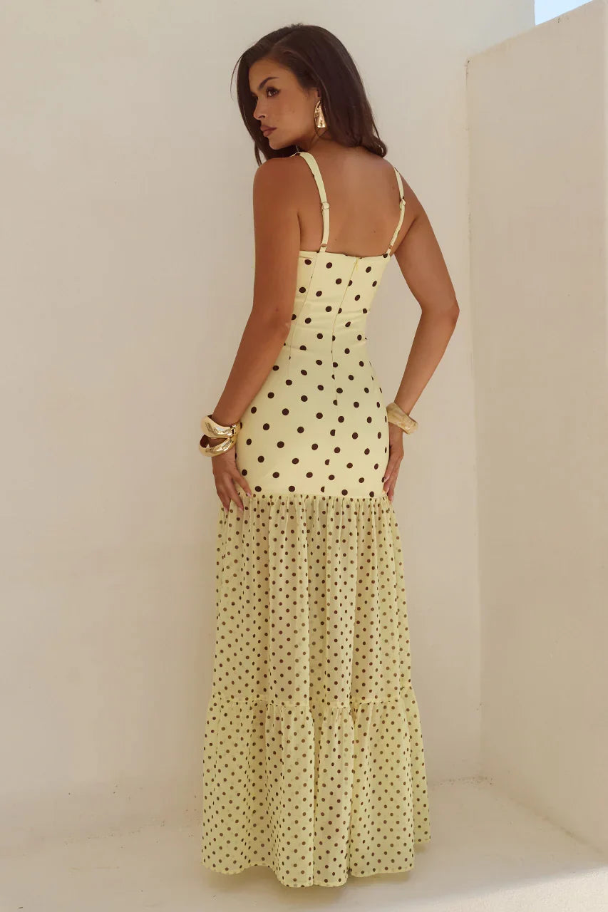 TILLIE SHEER BOTTOM MAXI DRESS - LEMON/CHOC POLKA