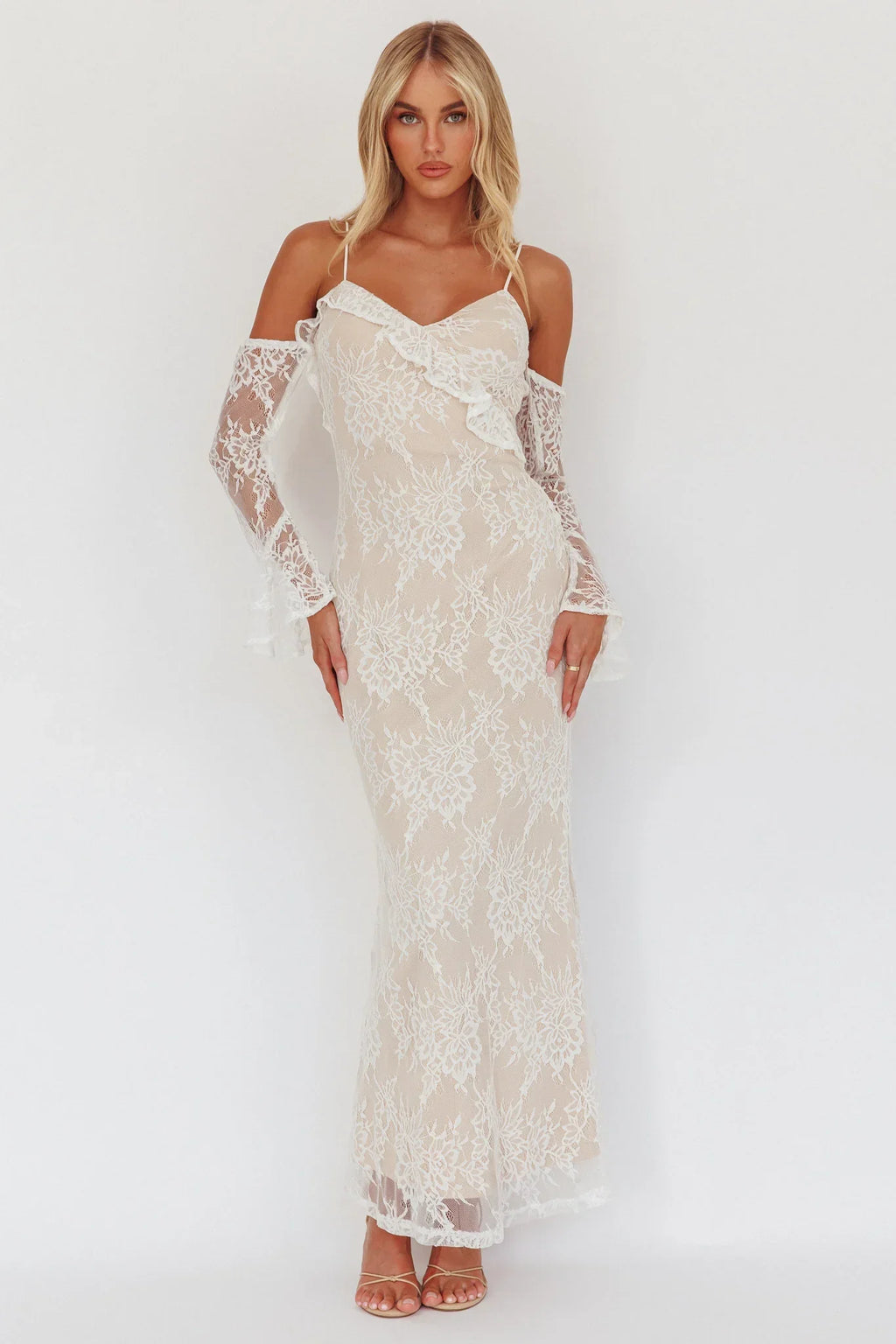 Zarah Off-Shoulder Sleeve Lace Maxi Dress White