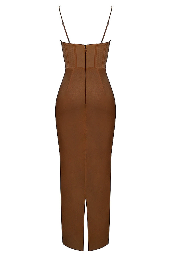 chocolate corset maxi dress