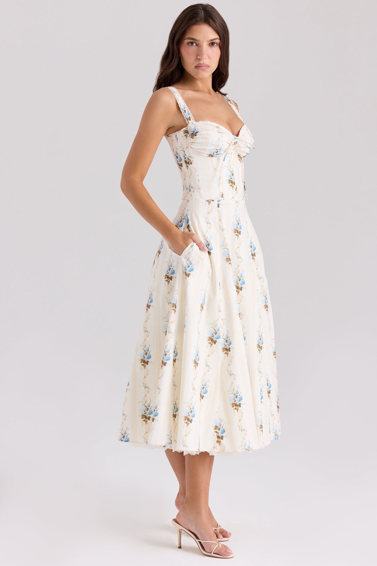 cream floral print cotton corset midi dress