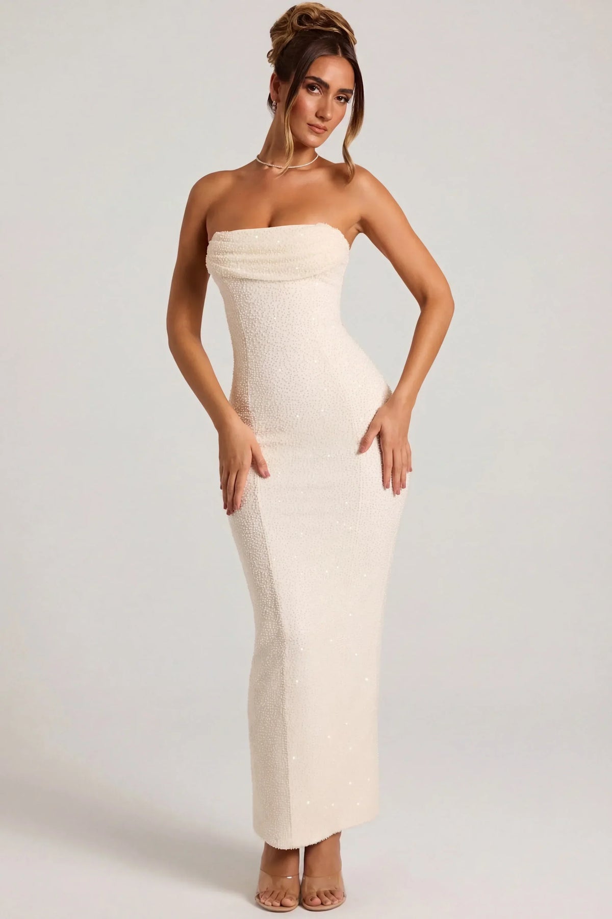 Embellished Bandeau Cowl Neck Maxi Dress in White