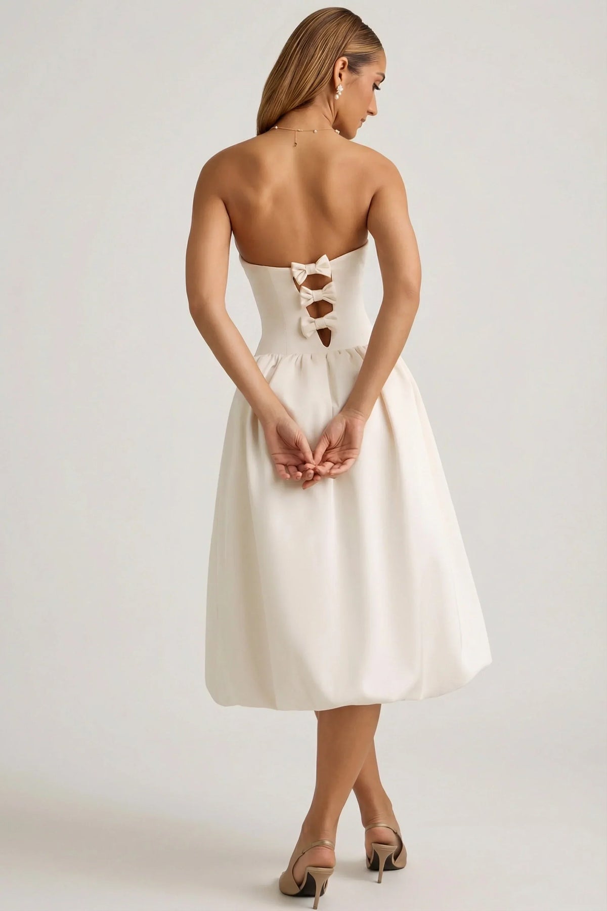 Convertible Bow-Detail Bubble Hem Midaxi Dress in Ivory