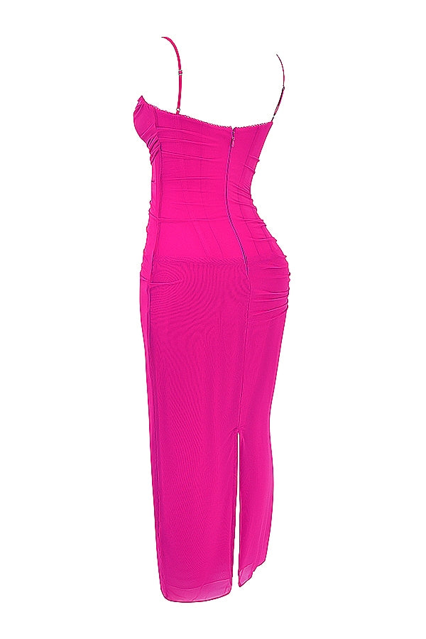 fuchsia stretch mesh maxi dress