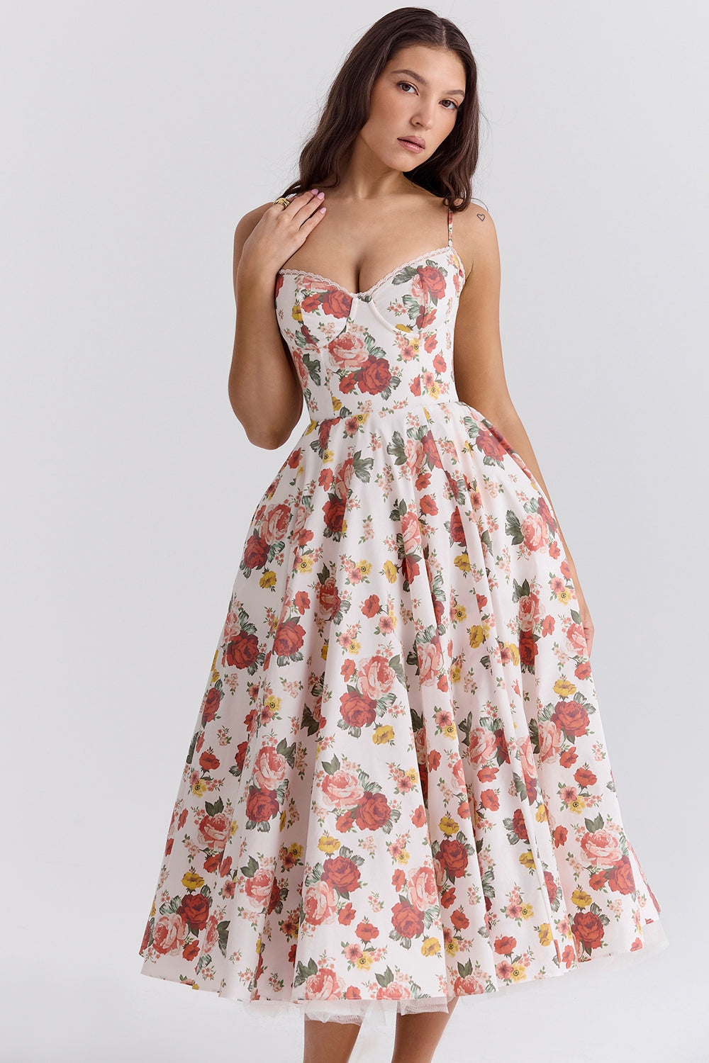 italian rose print tulle midi dress