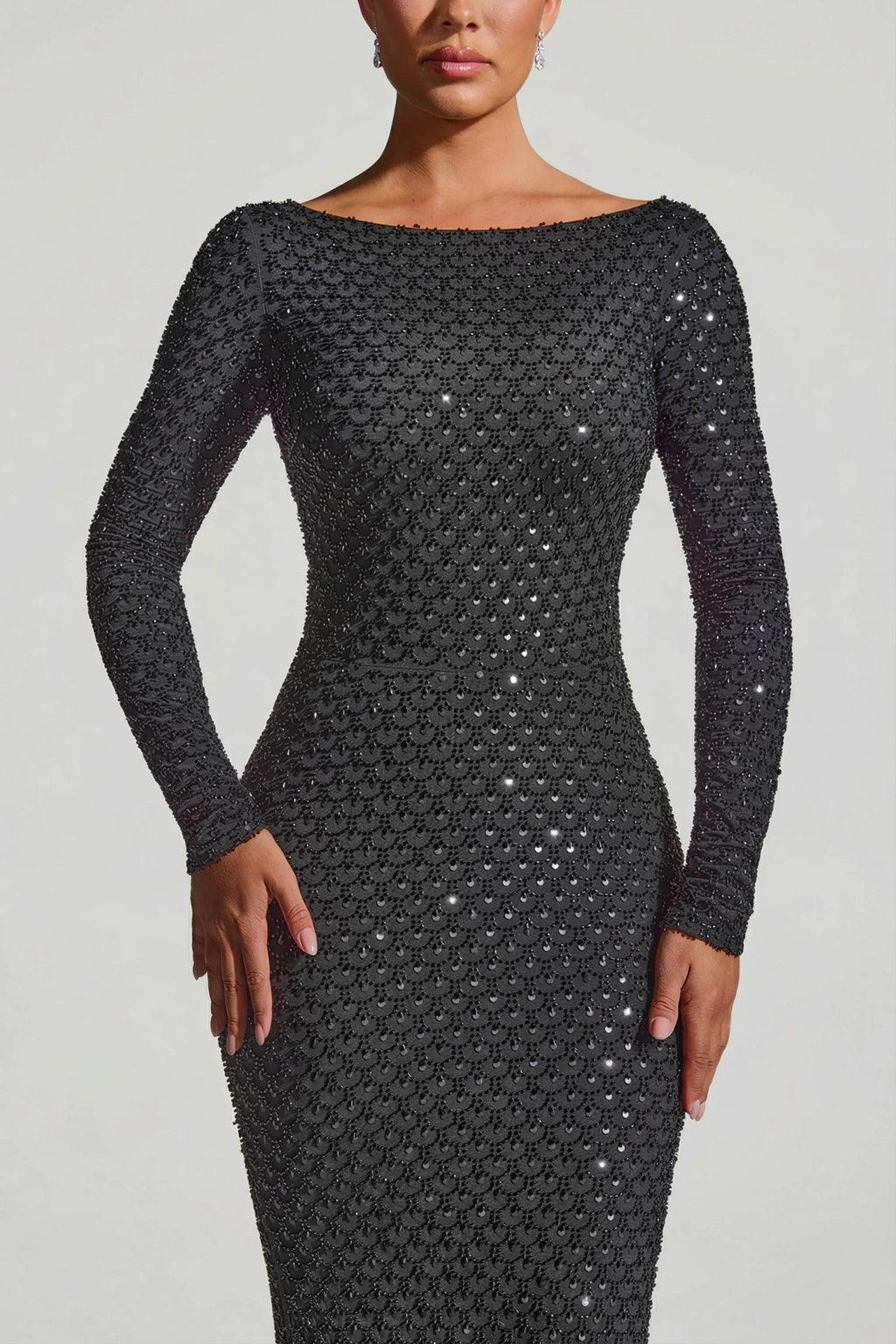 Embellished Open-Back Gown in Black