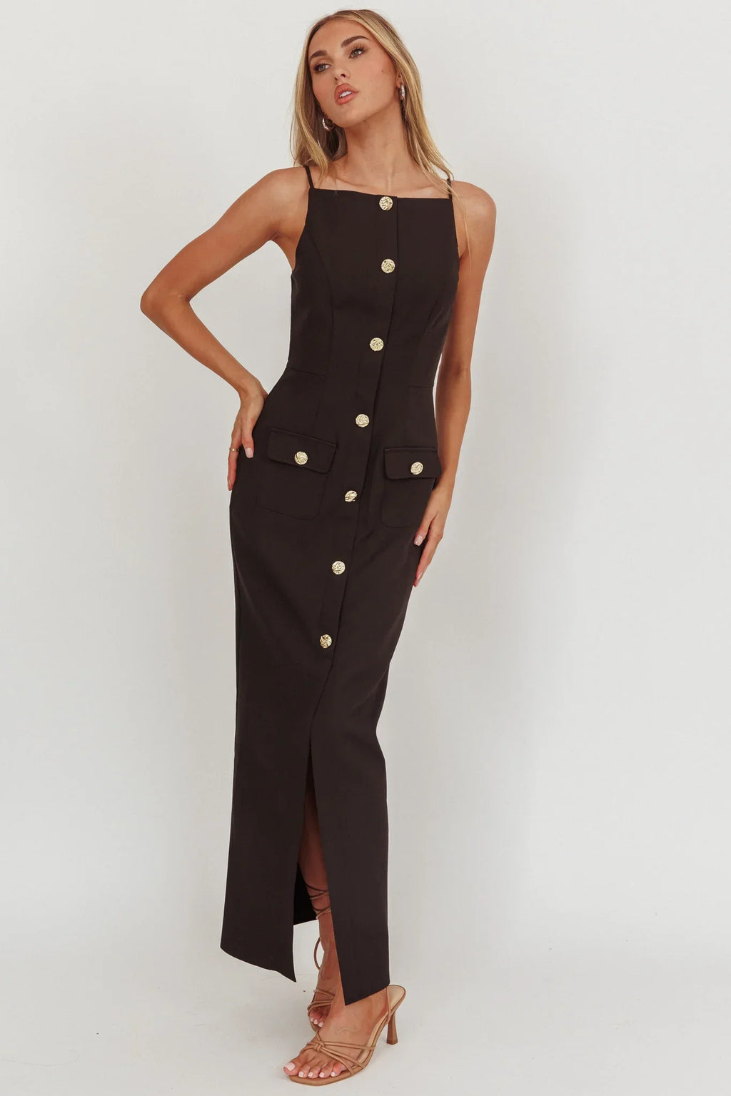 Harlin Button Decoration Maxi Dress Black