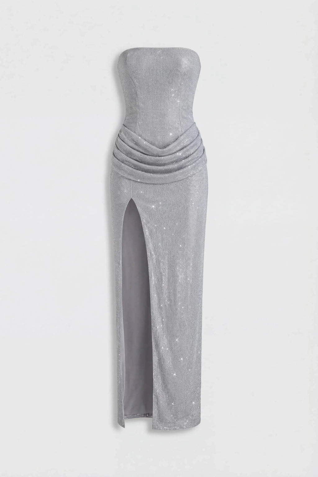 Embellished Bandeau Cowl-Waist Maxi Dress in Silver