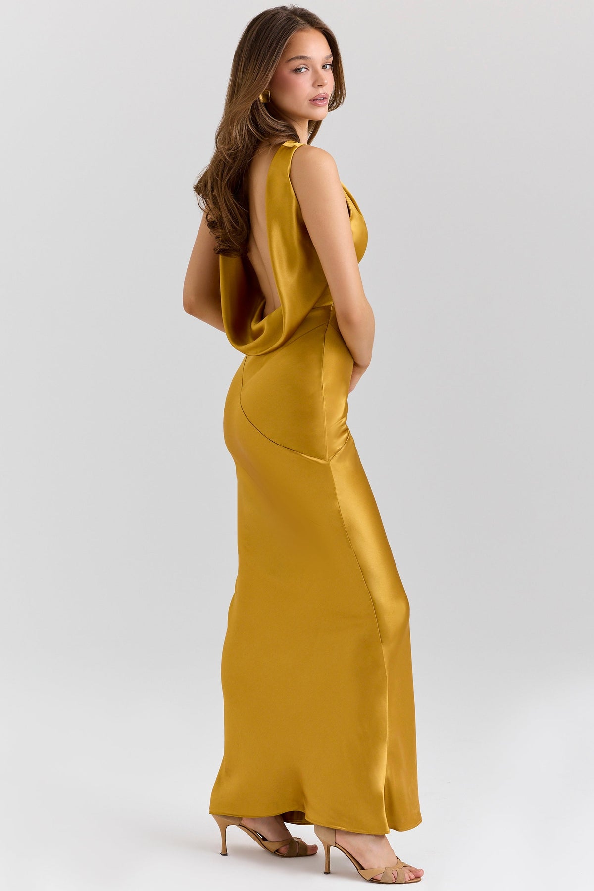 amber satin draped cowl neck maxi dress