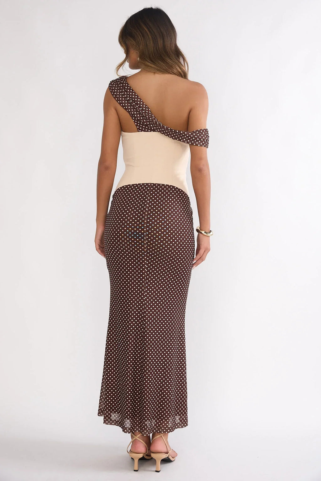 Milos Asymmetric Neckline Maxi Dress Chocolate Dot