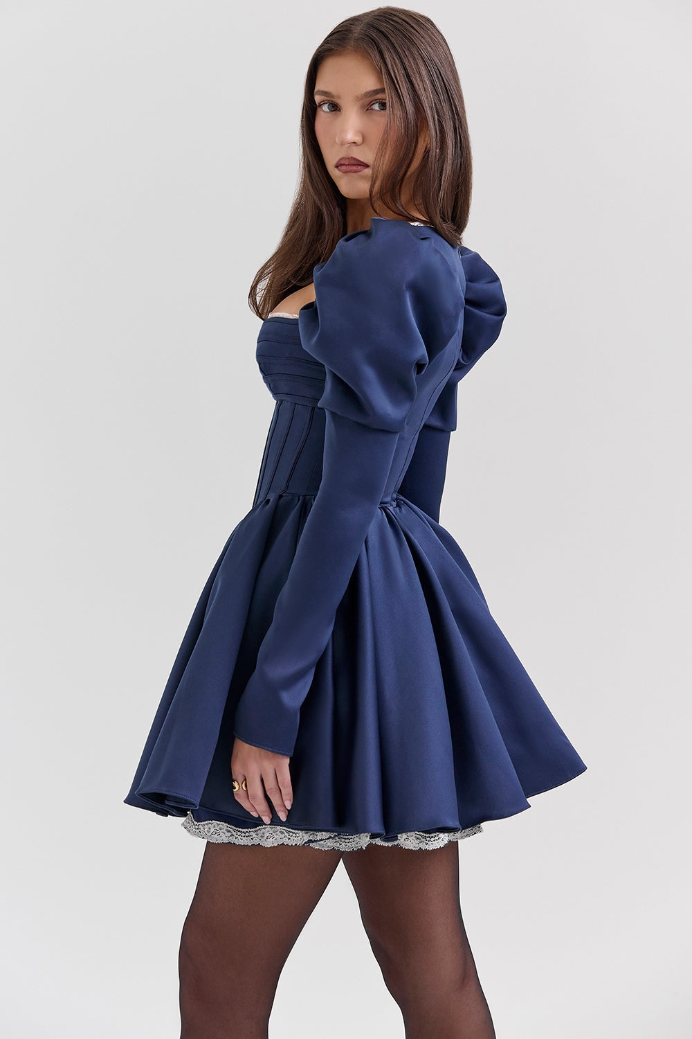 midnight satin puff sleeve mini dress - sale