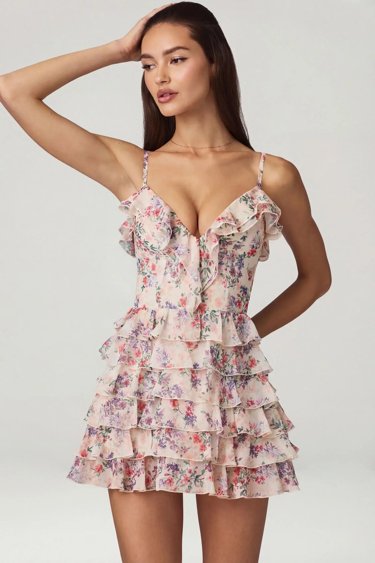 Ruffled Lace-Up A-Line Mini Dress in Primrose Floral Print