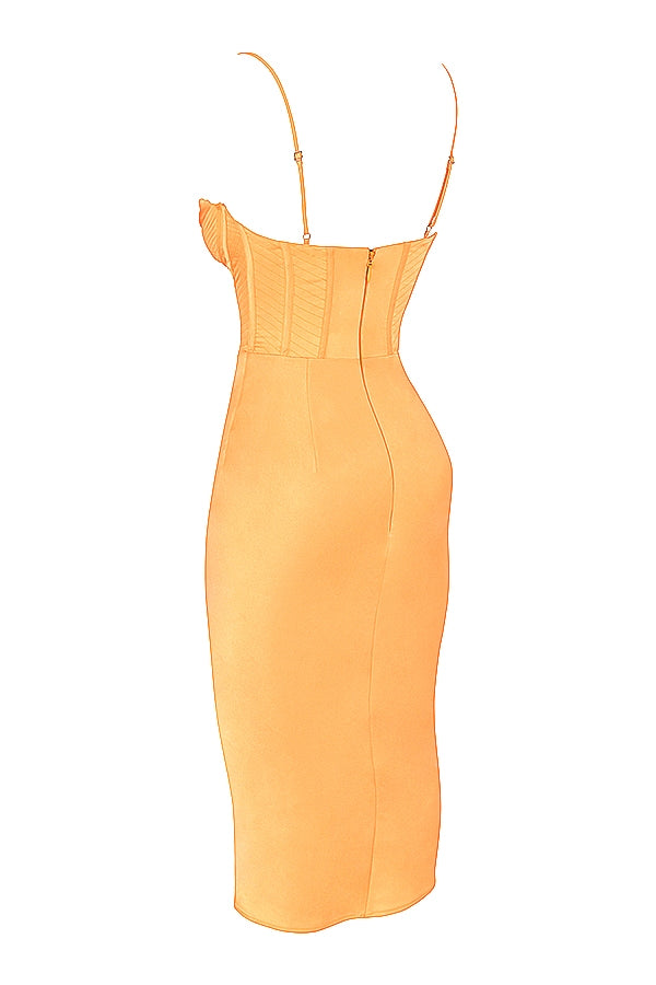 tangerine satin corset midi dress