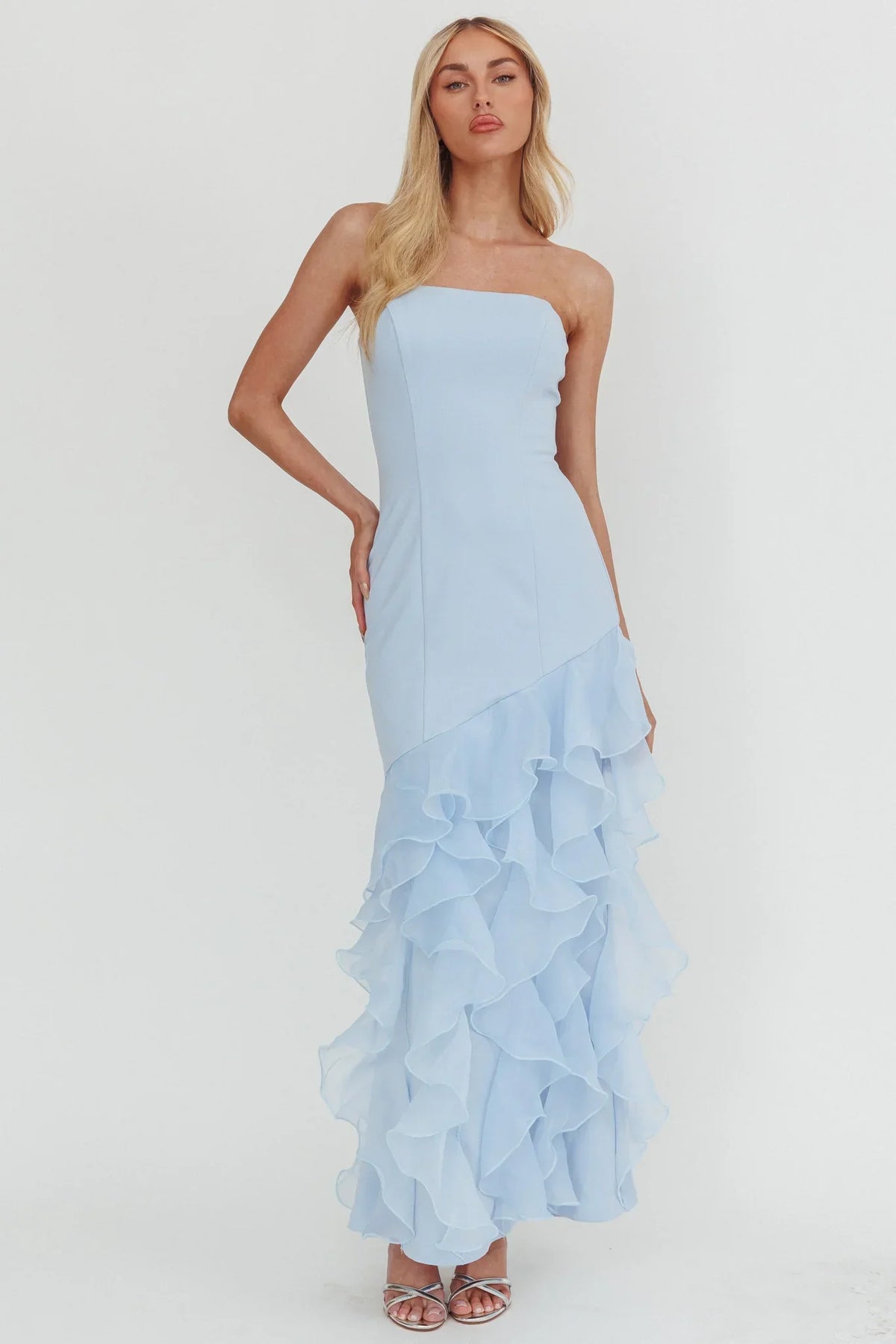 Kioto Strapless Organza Trim Maxi Dress Blue