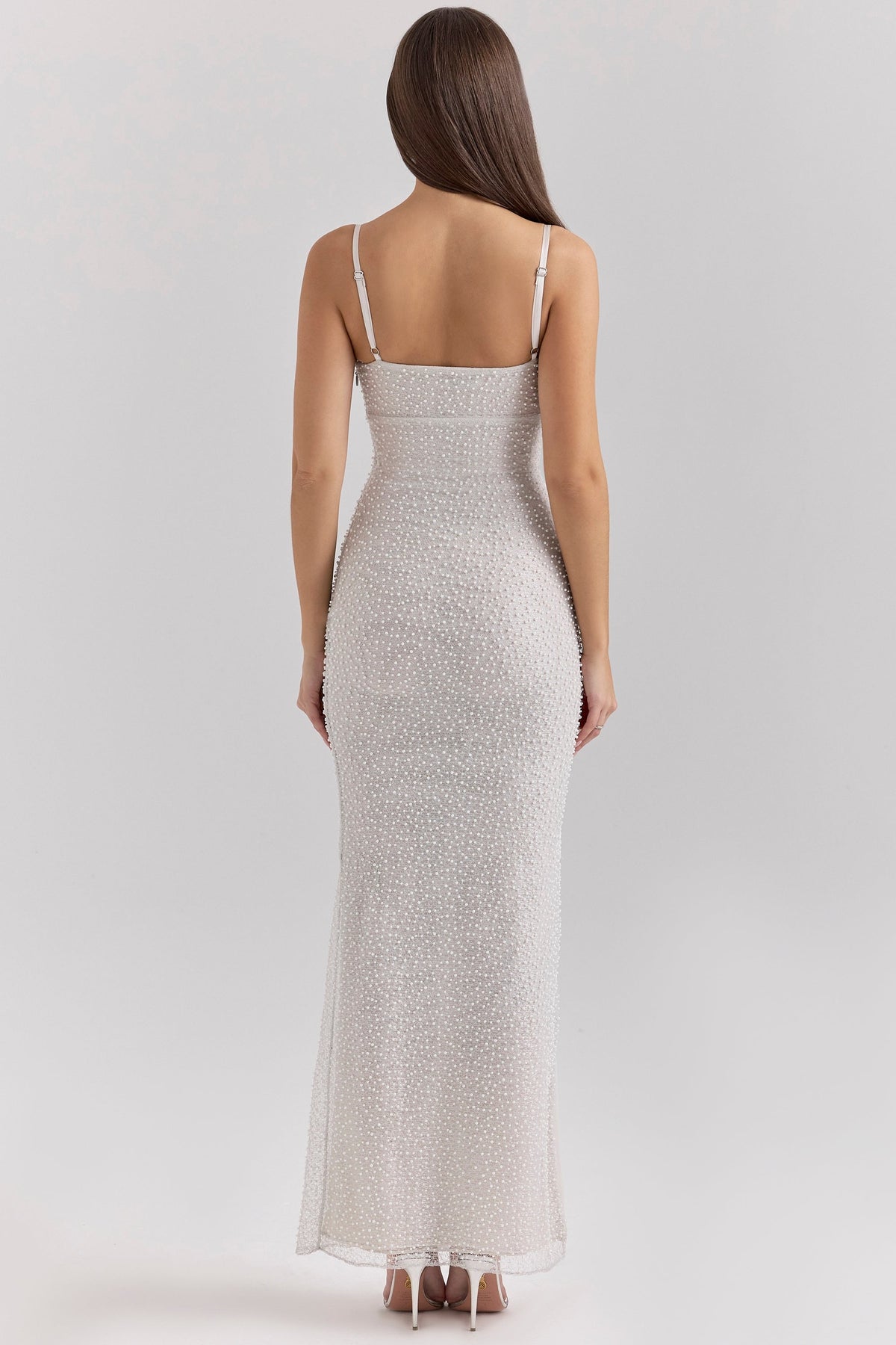 silver pearl embellished maxi dress