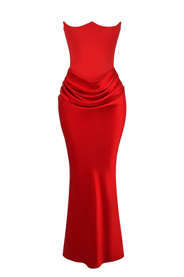 scarlet strapless corset maxi dress