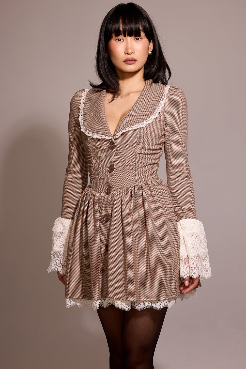 brown puppytooth check mini dress - sale