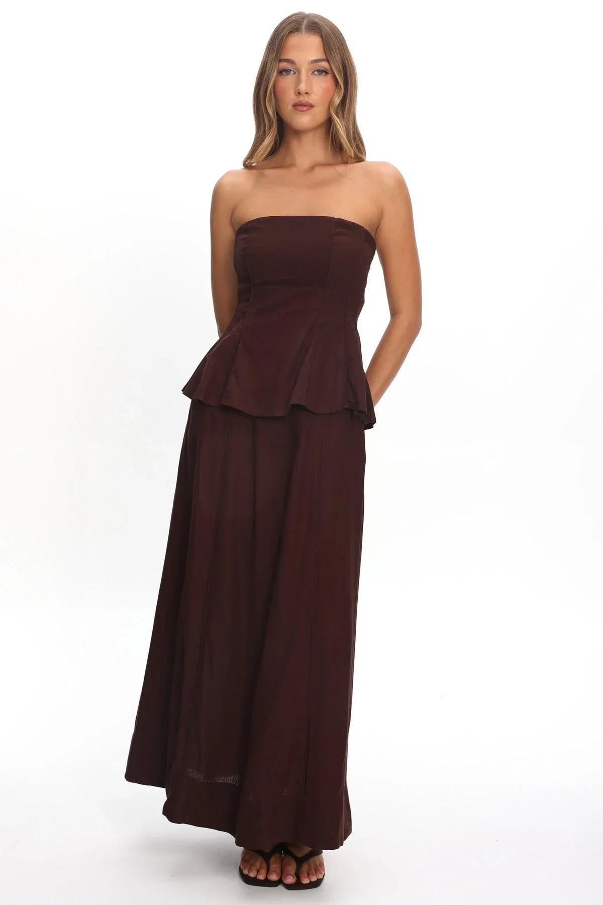 Synthia Peplum Waist Maxi Dress Chocolate