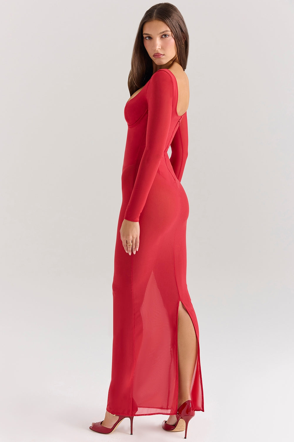 holly red mesh maxi dress with bodysuit