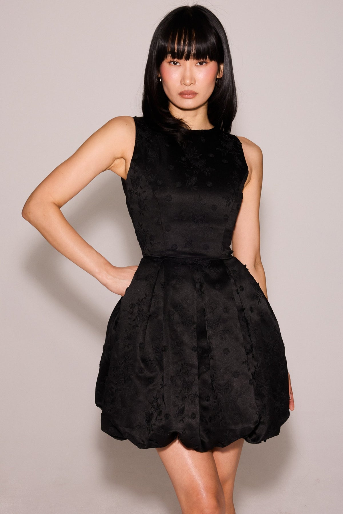 black backless embroidered mini puffball dress