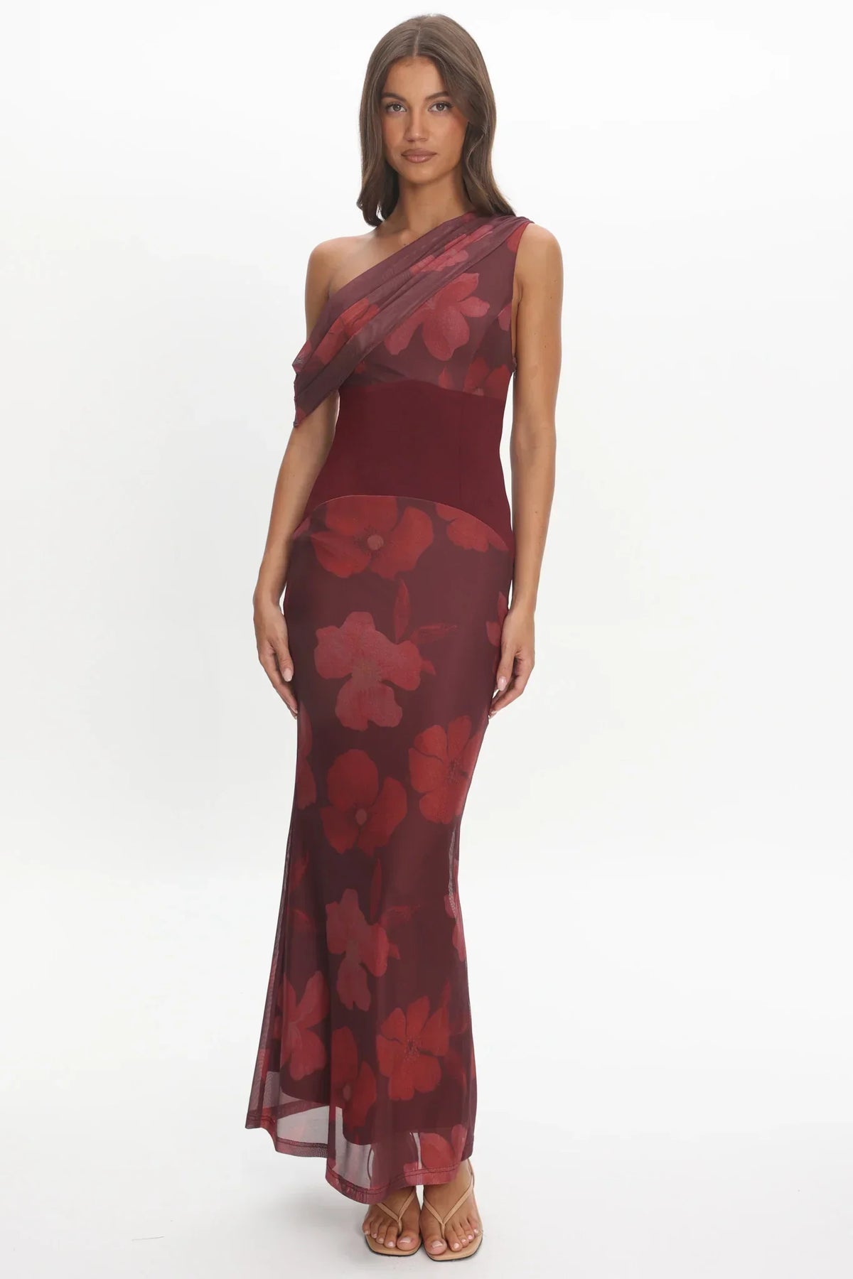 Milos Asymmetric Neckline Maxi Dress Floral Grape
