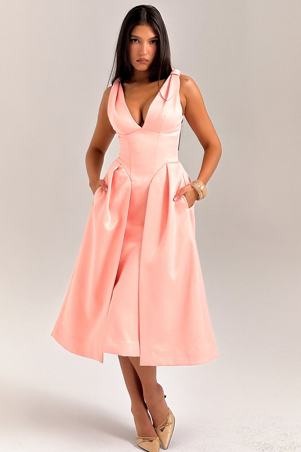 peach satin pleated midi dress - sale