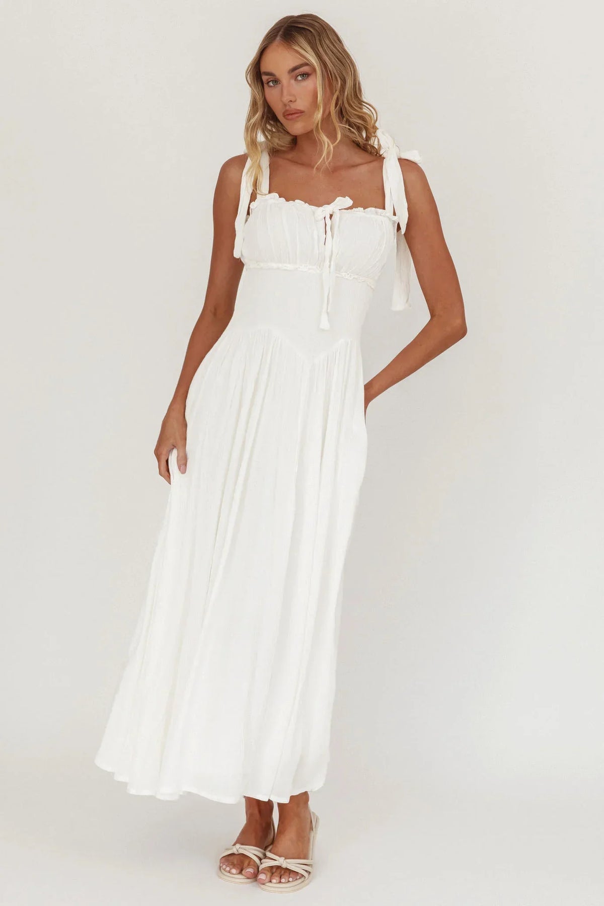 Albury Tied Shoulder Basque Waist Midi Dress White