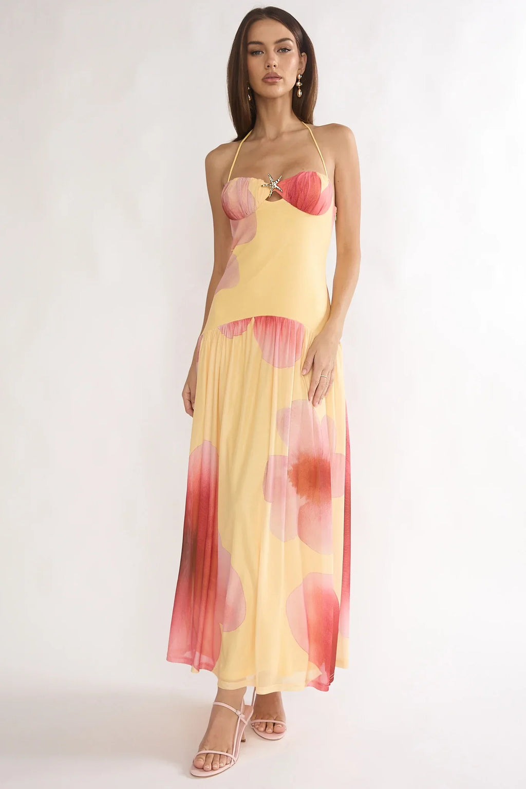 Justyne Drop Waist Halter Maxi Dress Floral Yellow