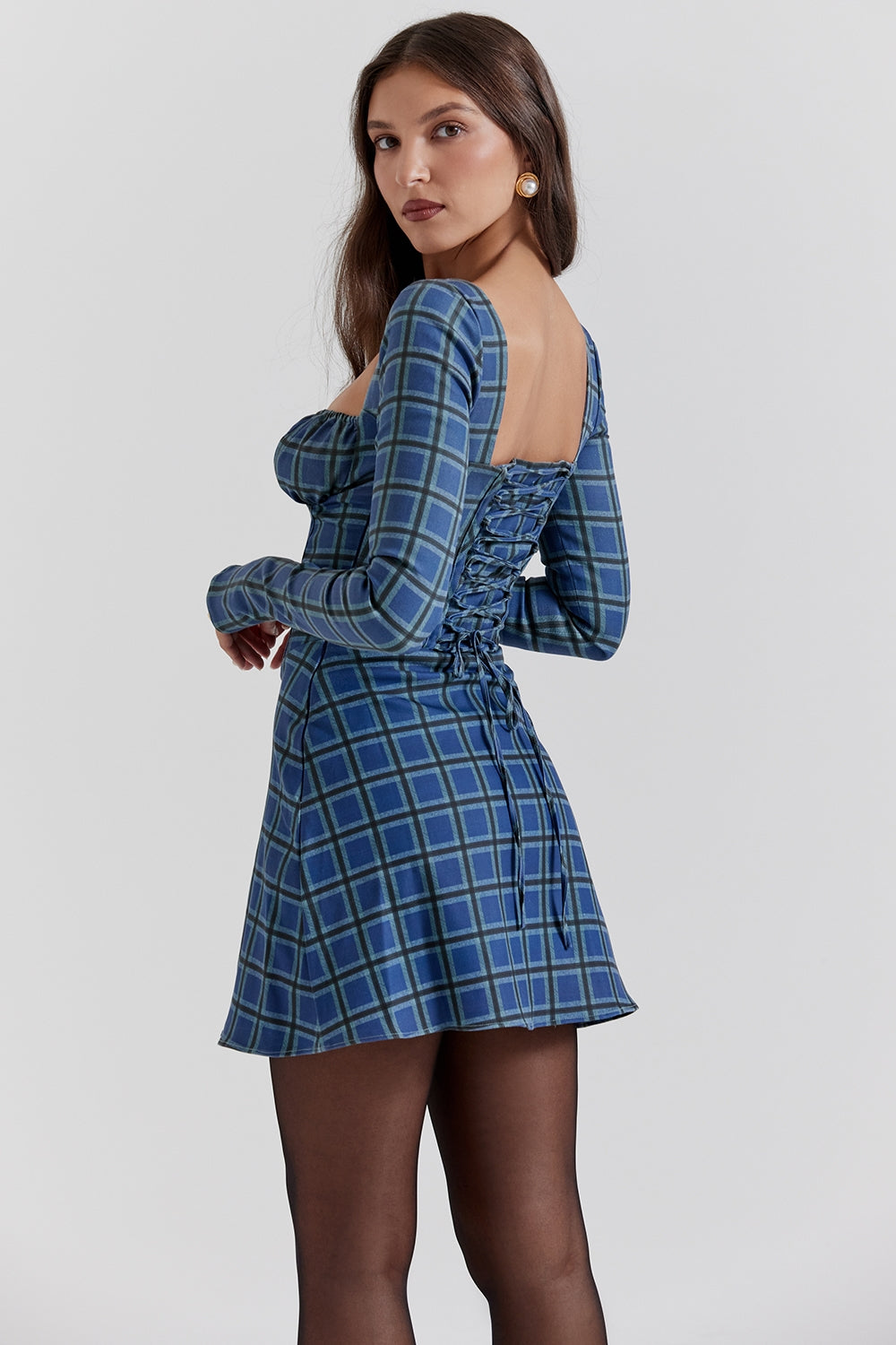 blue tartan corset mini dress