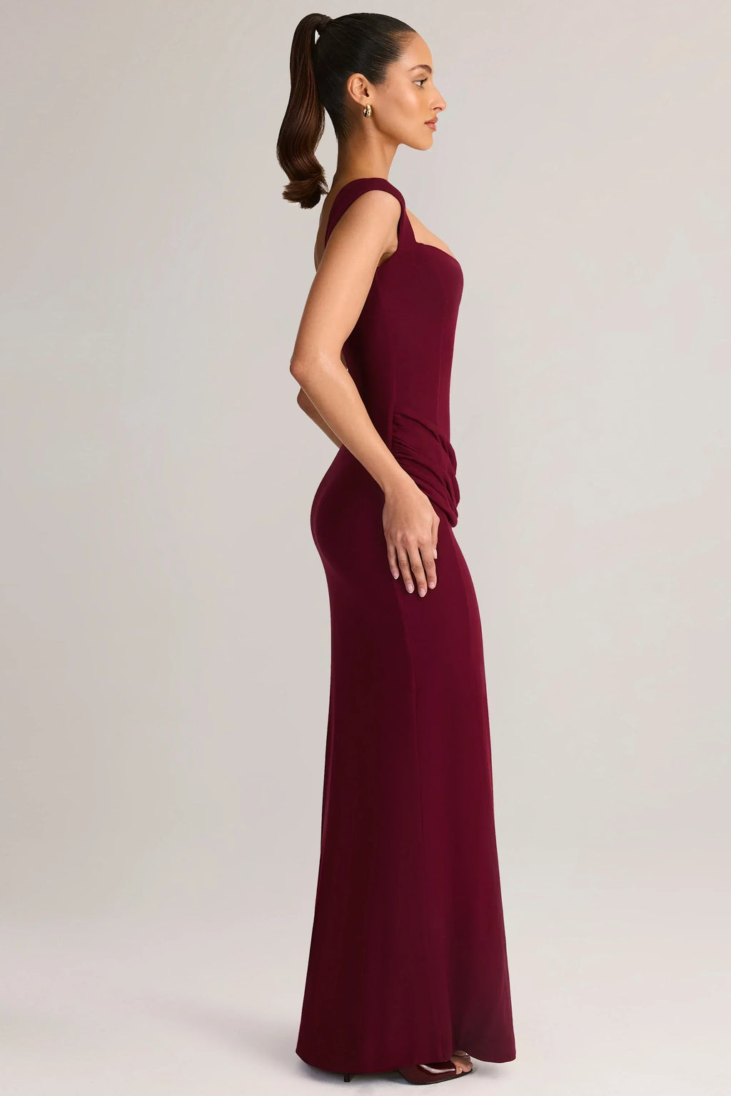 Modal Sweetheart-Neck Cowl-Waist Maxi Dress in Wine