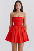 italian tomato strapless pleated mini dress