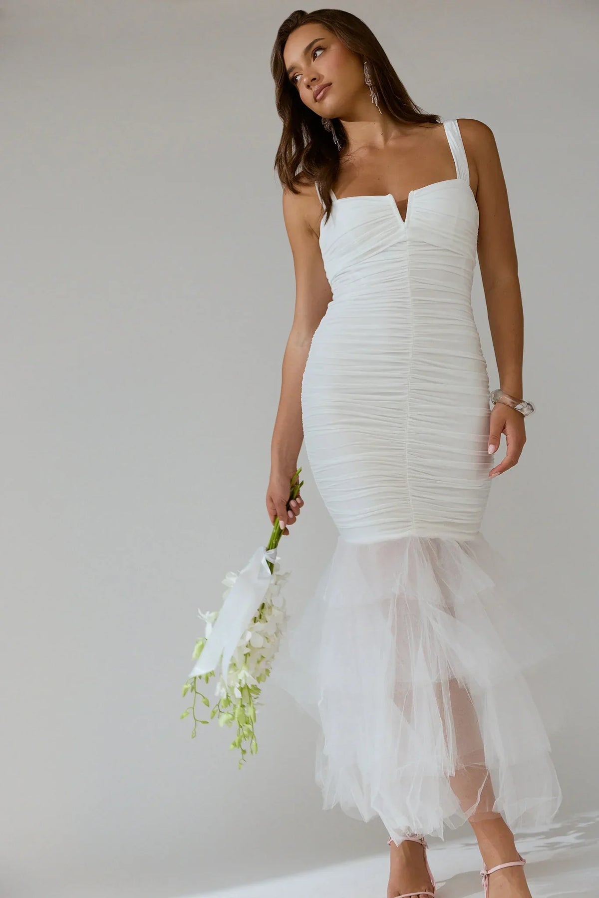 Nadia Tulle Hem Ruched Maxi Dress White