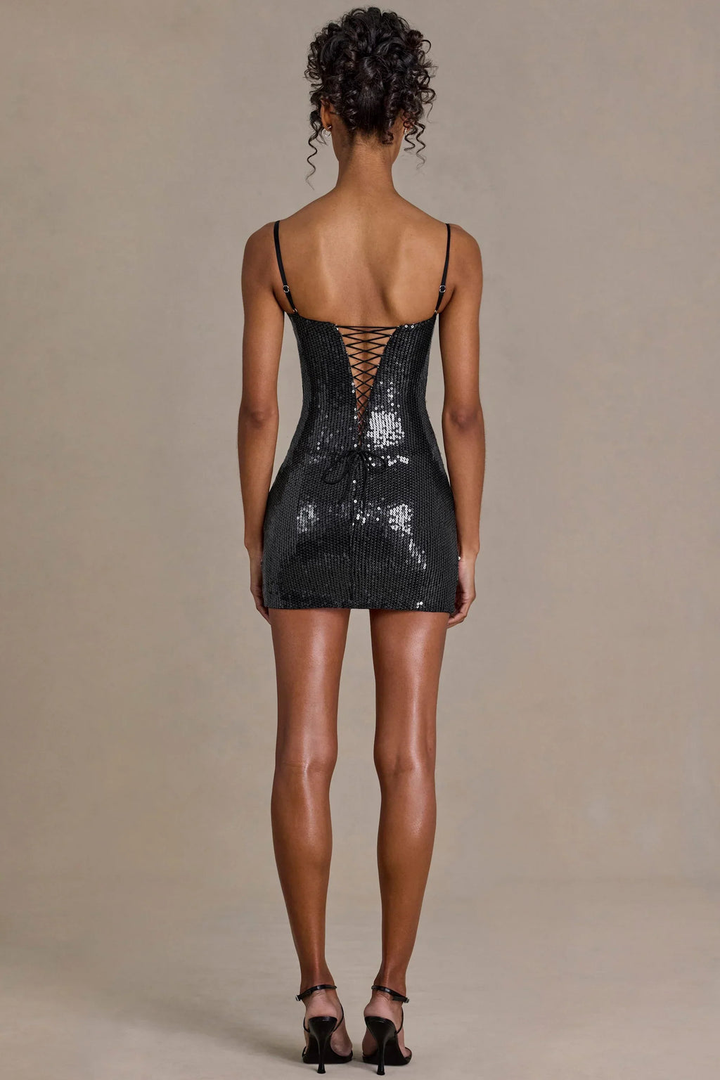 Sequin Lace Corset Mini Dress in Black