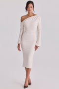 vintage ivory draped crepe one shoulder midi dress