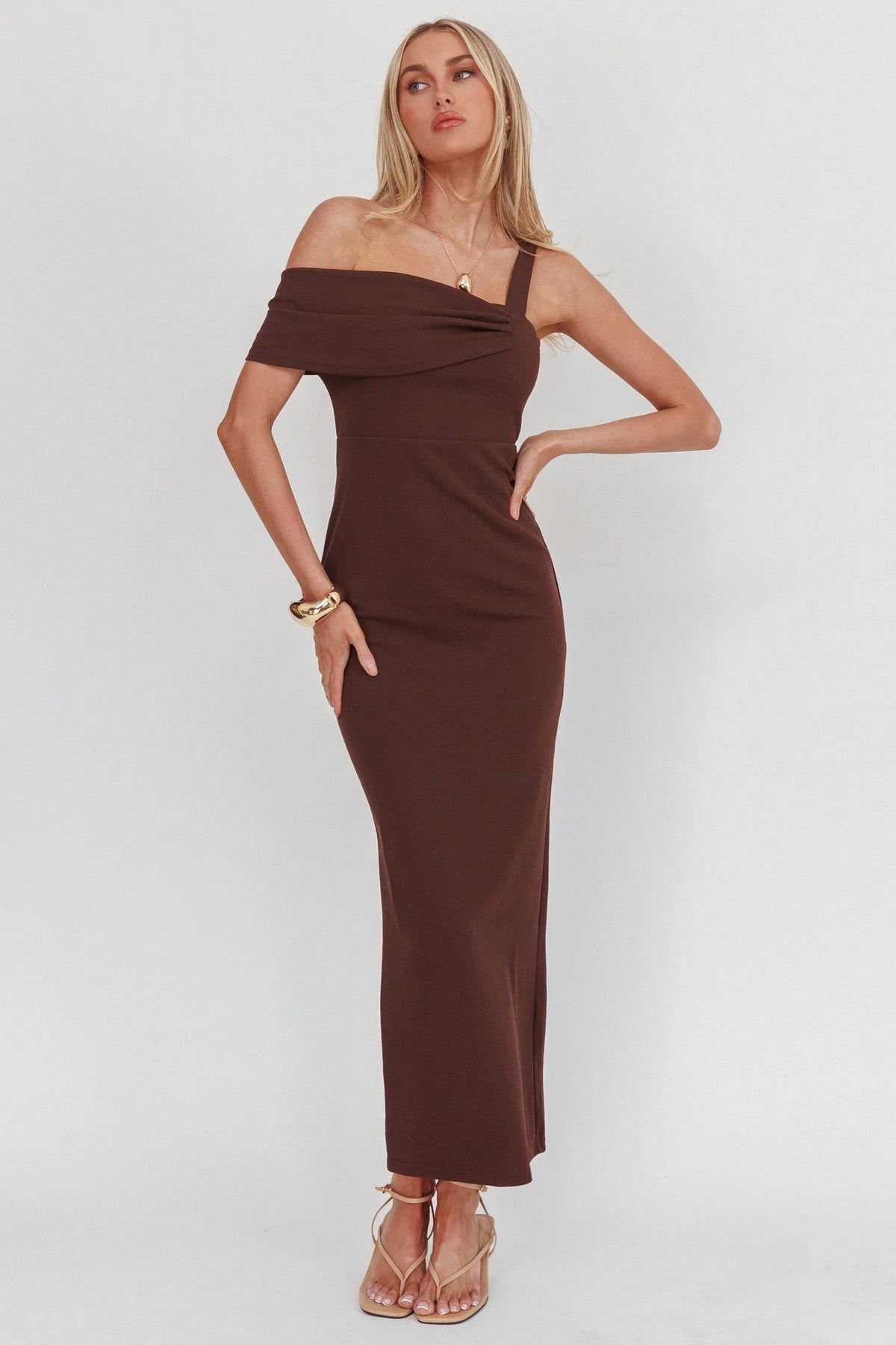 Saffra Asymmetric Shoulder Maxi Dress Chocolate