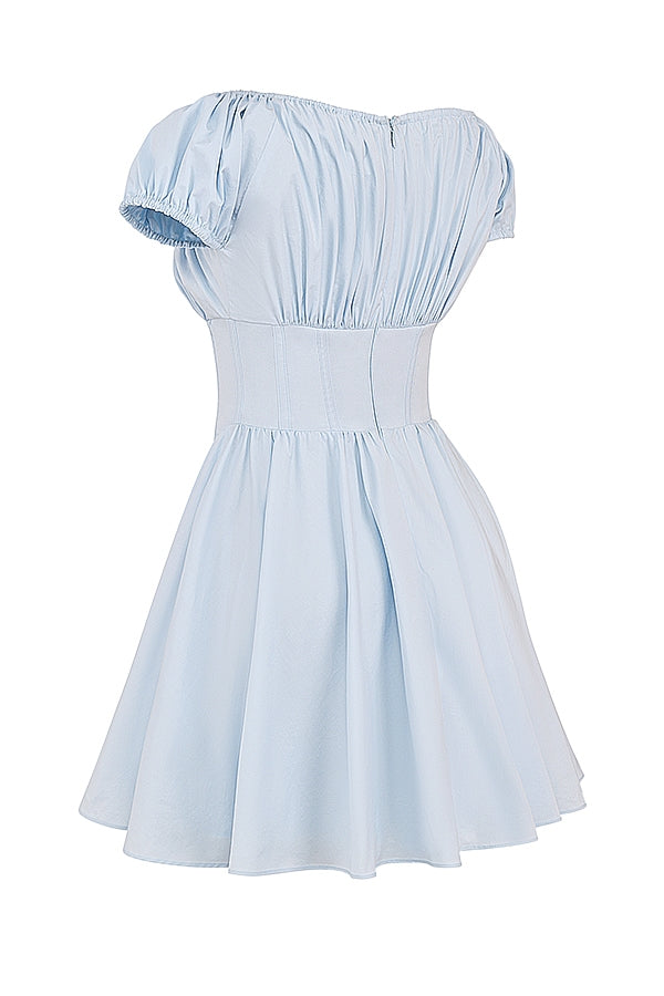 soft blue cotton gathered mini dress