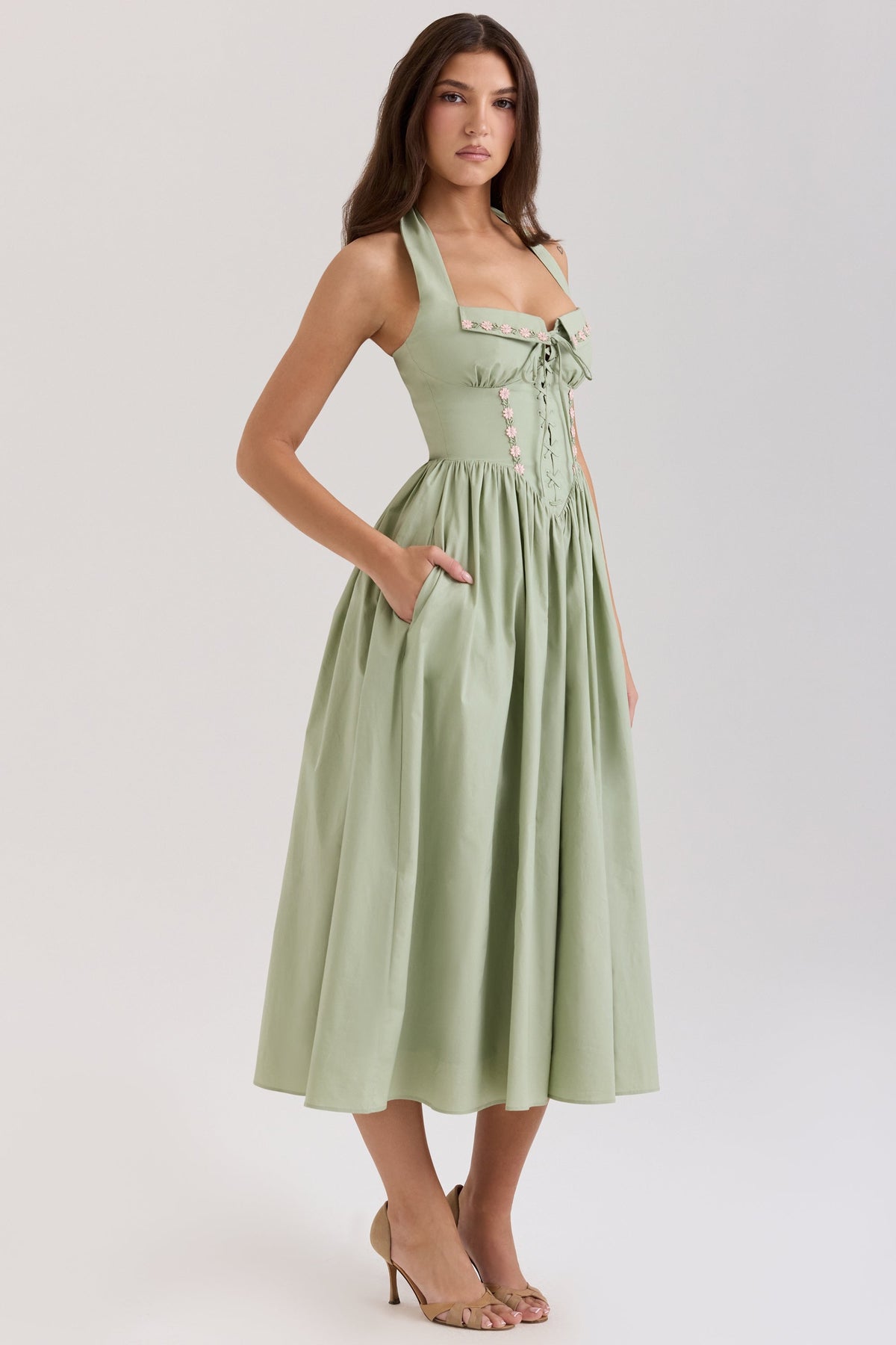 sage stretch cotton halter neck midi dress