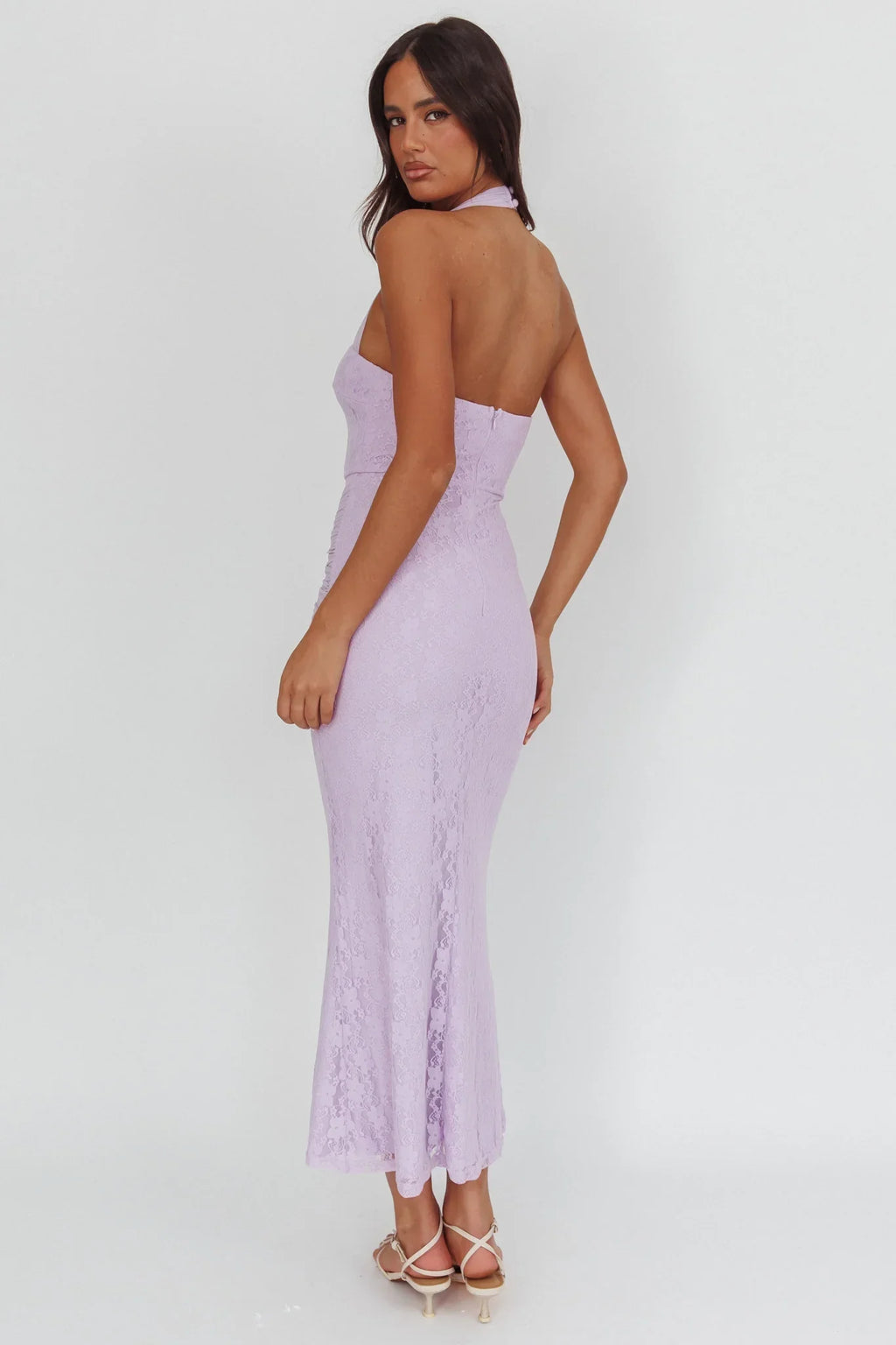 Luli Waist Sash Halter Maxi Dress Lace Lilac