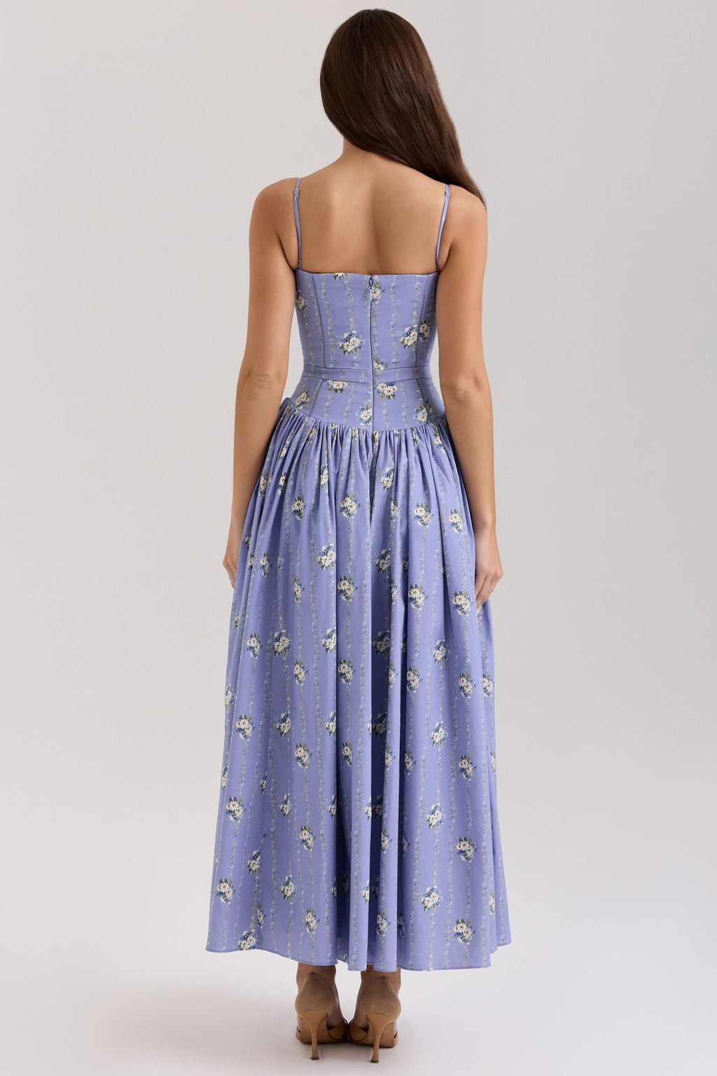 blue daisy print stretch cotton midi sundress