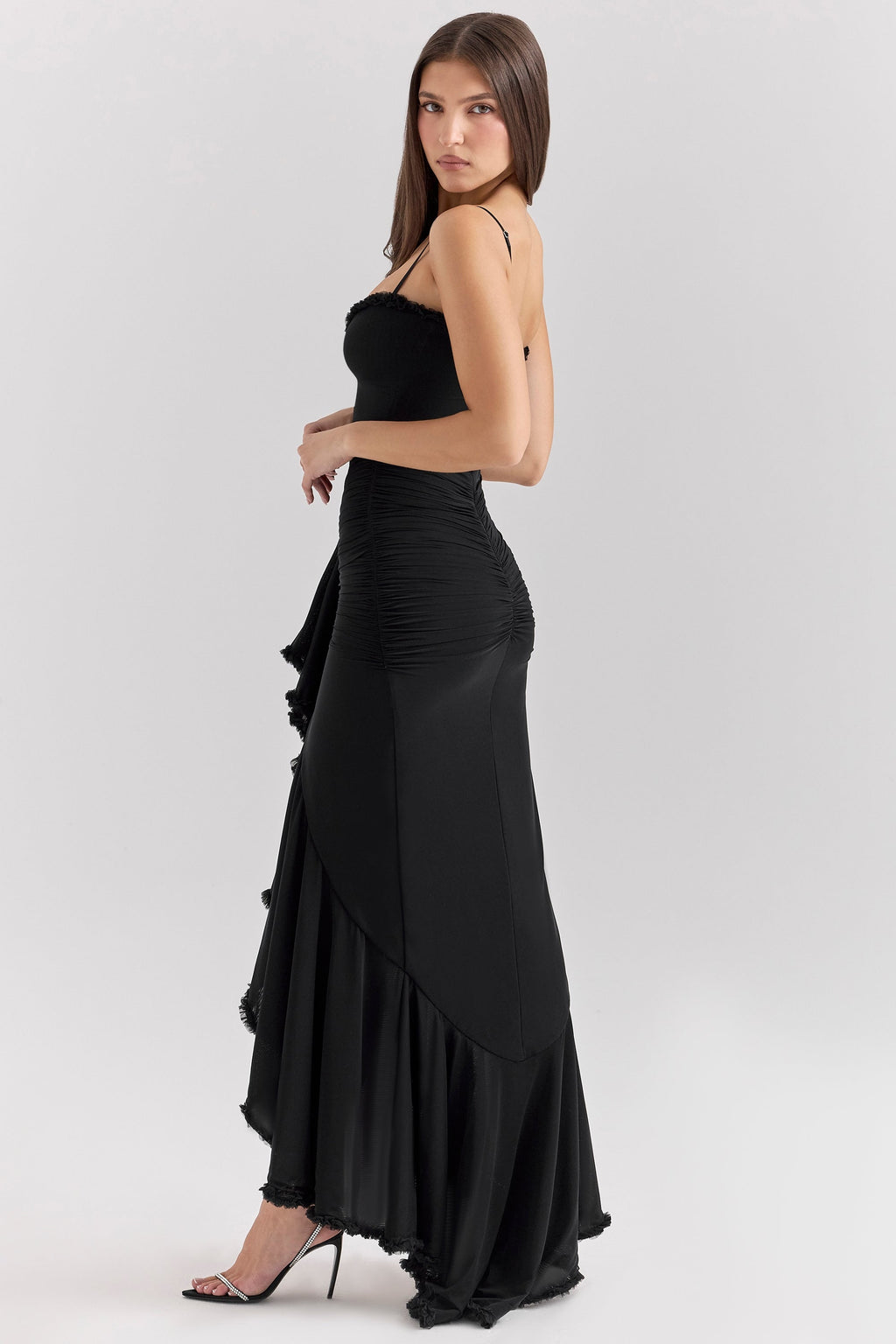 black mesh ruffled front gown