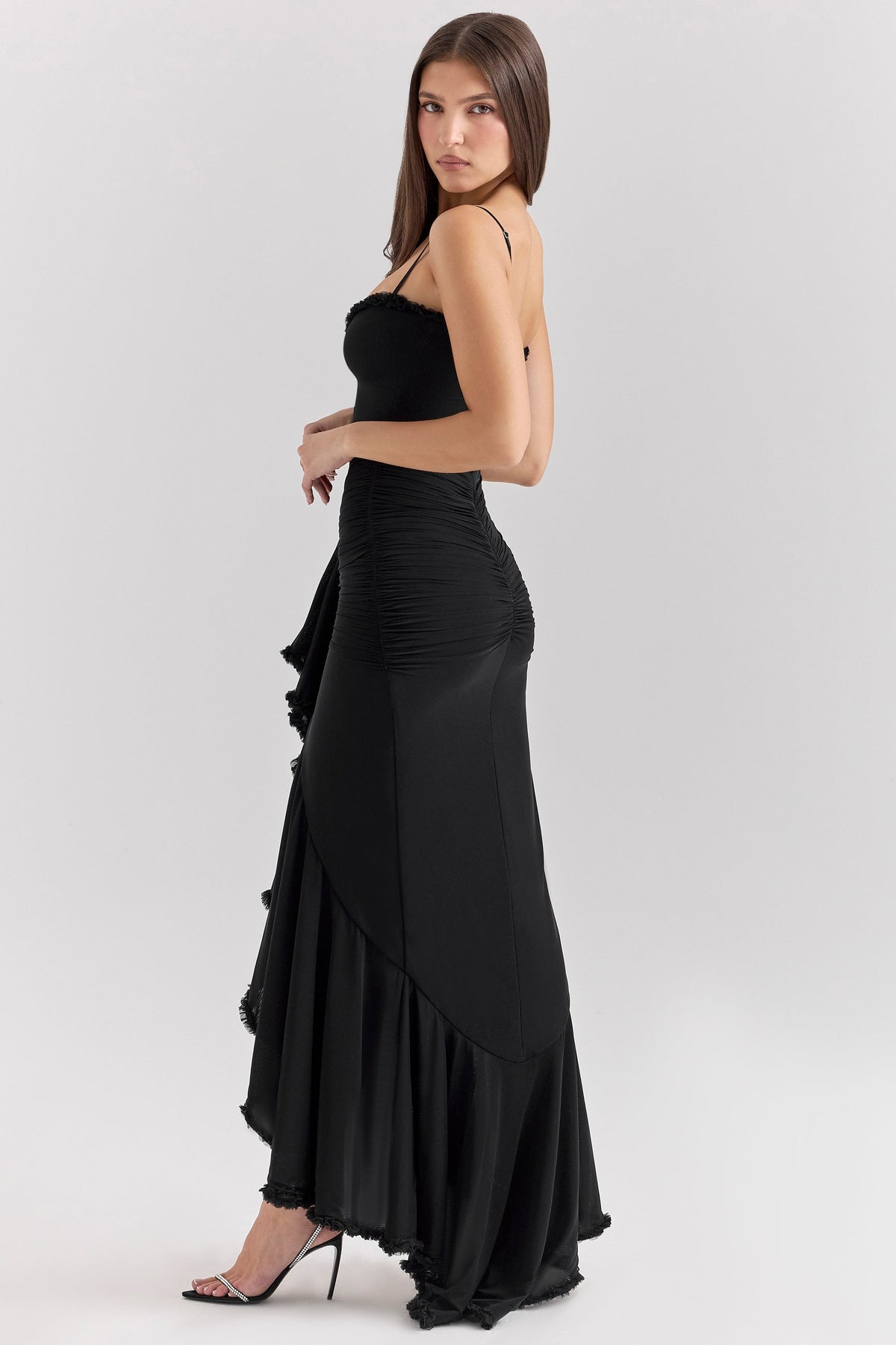 black mesh ruffled front gown