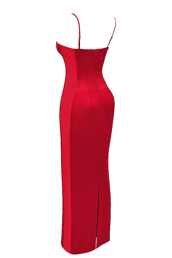 red satin corset maxi dress