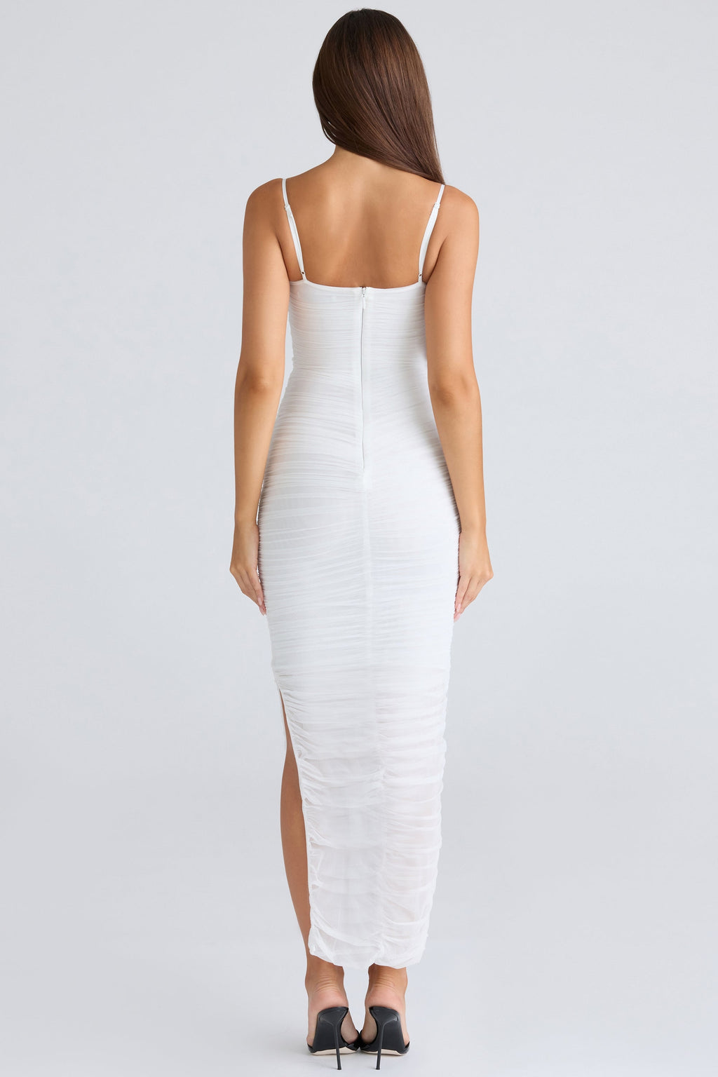white gathered stretch mesh maxi dress