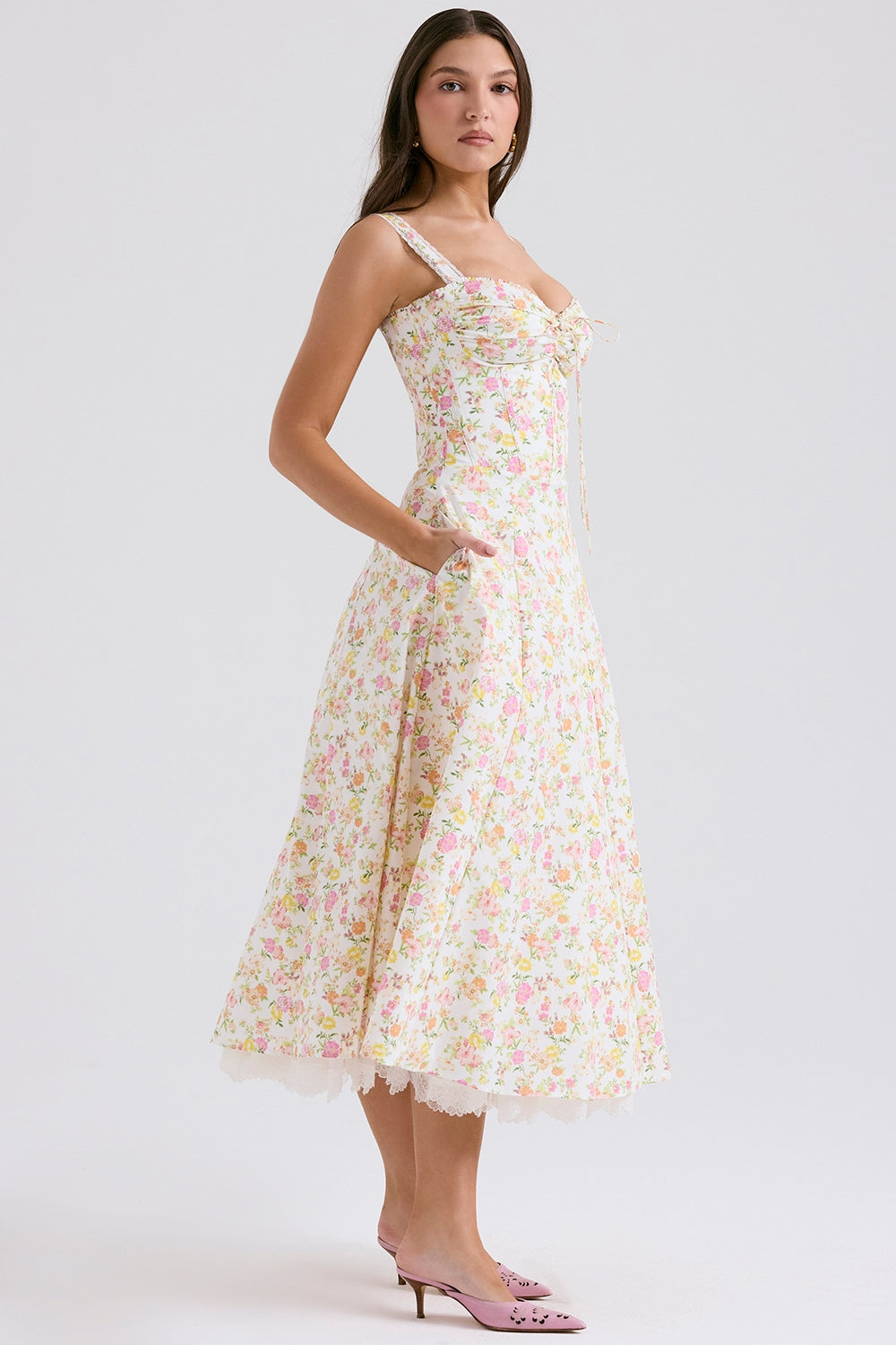 ivory meadow print cotton bustier sundress