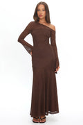 Lylah Asymmetric Neckline Long Sleeve Maxi Dress Lace Chocolate